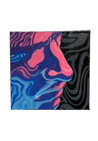 a painting of a man's face with blue and pink swirls