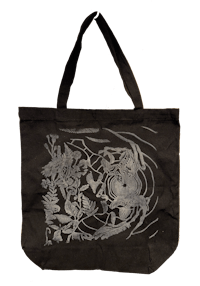 a black tote bag with an image of a dragon on it