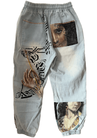 a pair of jeans with a woman's face on them