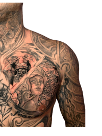 a man with a tattoo on his chest