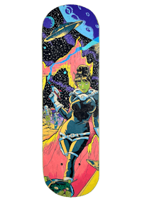 a skateboard with an image of a woman in space