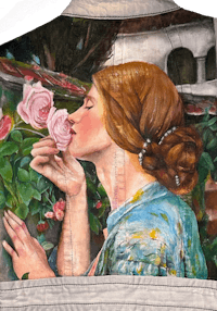 a painting of a woman kissing a rose