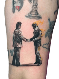 a tattoo of a man shaking hands with another man
