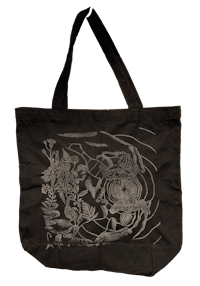a black tote bag with an image of a dragon on it