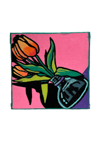 a painting of tulips in a vase on a pink background