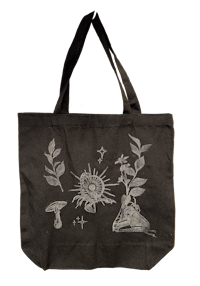 a black tote bag with a drawing of a mushroom