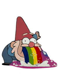 a cartoon gnome with a rainbow on his head
