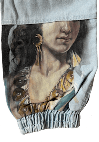 a pair of jeans with a woman's face on them