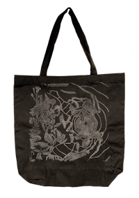a black tote bag with an image of a fish