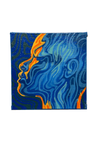 a painting of a woman's face in blue and orange