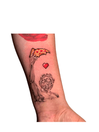 a tattoo of a man holding a slice of pizza